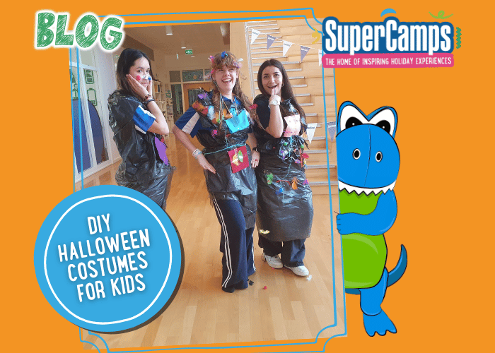 Kids dressed in DIY Halloween costumes including a ghost, a bat, and a bin bag design